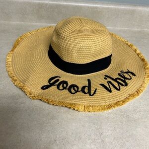 CC brand straw sun hat Tan Wide Brim Hat with Black Band “good vibes” Womens OS